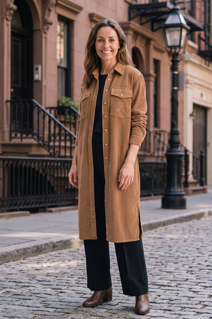 Women's Fall Dress | Long Sleeve Midi Shirt Dress — Camel — lifestyle — on model