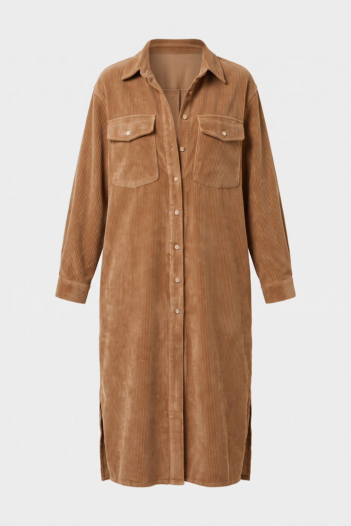 Women's Fall Dress | Long Sleeve Midi Shirt Dress — Camel — packshot