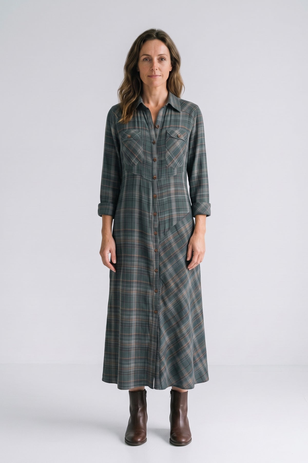 Women's Fall Dress | Plaid Long Sleeve Maxi Shirt Dress — Green Plaid — front view — on model