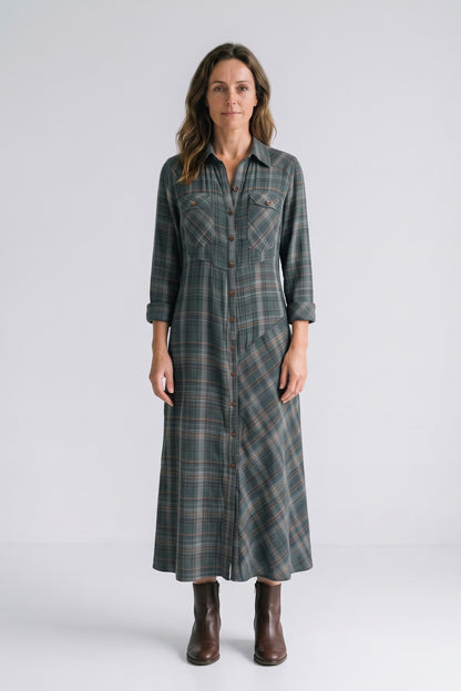 Women's Fall Dress | Plaid Long Sleeve Maxi Shirt Dress — Green Plaid — front view — on model