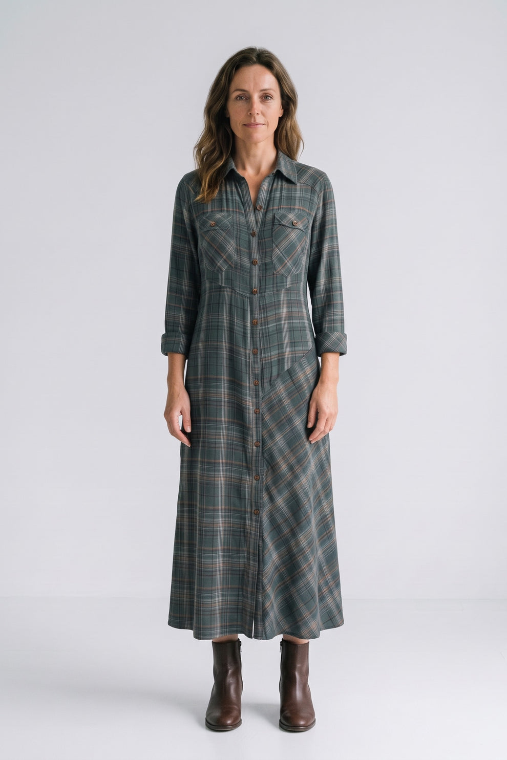 Women's Fall Dress | Plaid Long Sleeve Maxi Shirt Dress — Green Plaid — front view — on model