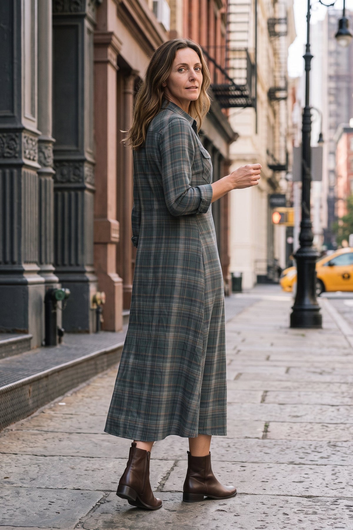 Women's Fall Dress | Plaid Long Sleeve Maxi Shirt Dress — Green Plaid — lifestyle — on model