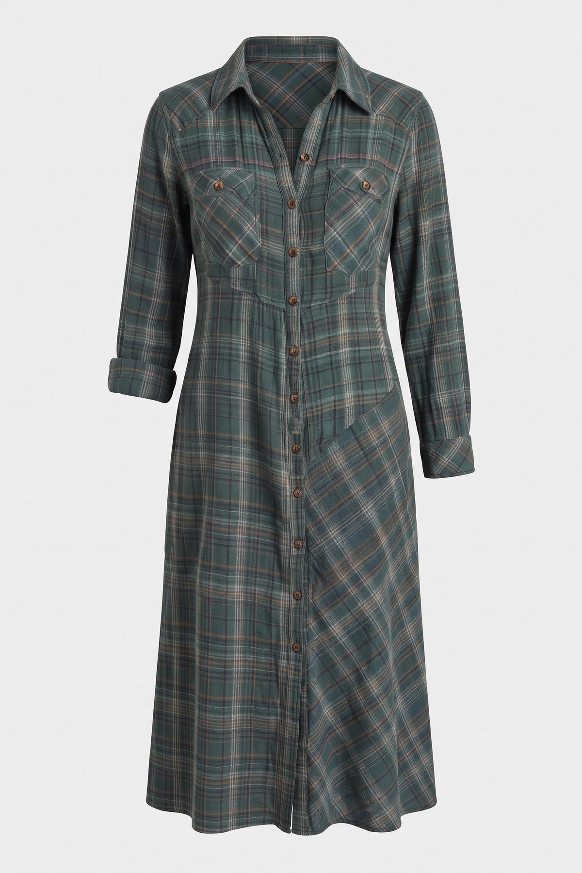 Women's Fall Dress | Plaid Long Sleeve Maxi Shirt Dress — Green Plaid — packshot