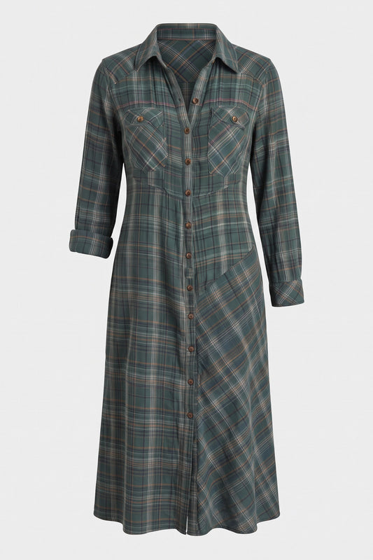 Women's Fall Dress | Plaid Long Sleeve Maxi Shirt Dress — Green Plaid — packshot
