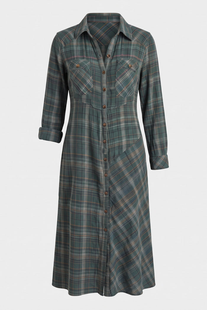 Women's Fall Dress | Plaid Long Sleeve Maxi Shirt Dress — Green Plaid — packshot