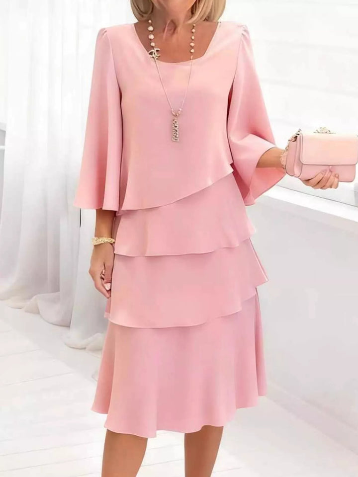Women's fall dress in blush pink, tiered ruffle layered bell sleeve plus size
