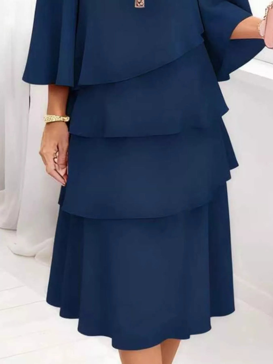 Tiered ruffle layered bell sleeve plus size in dark blue, close-up detail