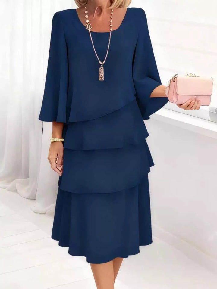 Tiered ruffle layered bell sleeve plus size in dark blue, front view