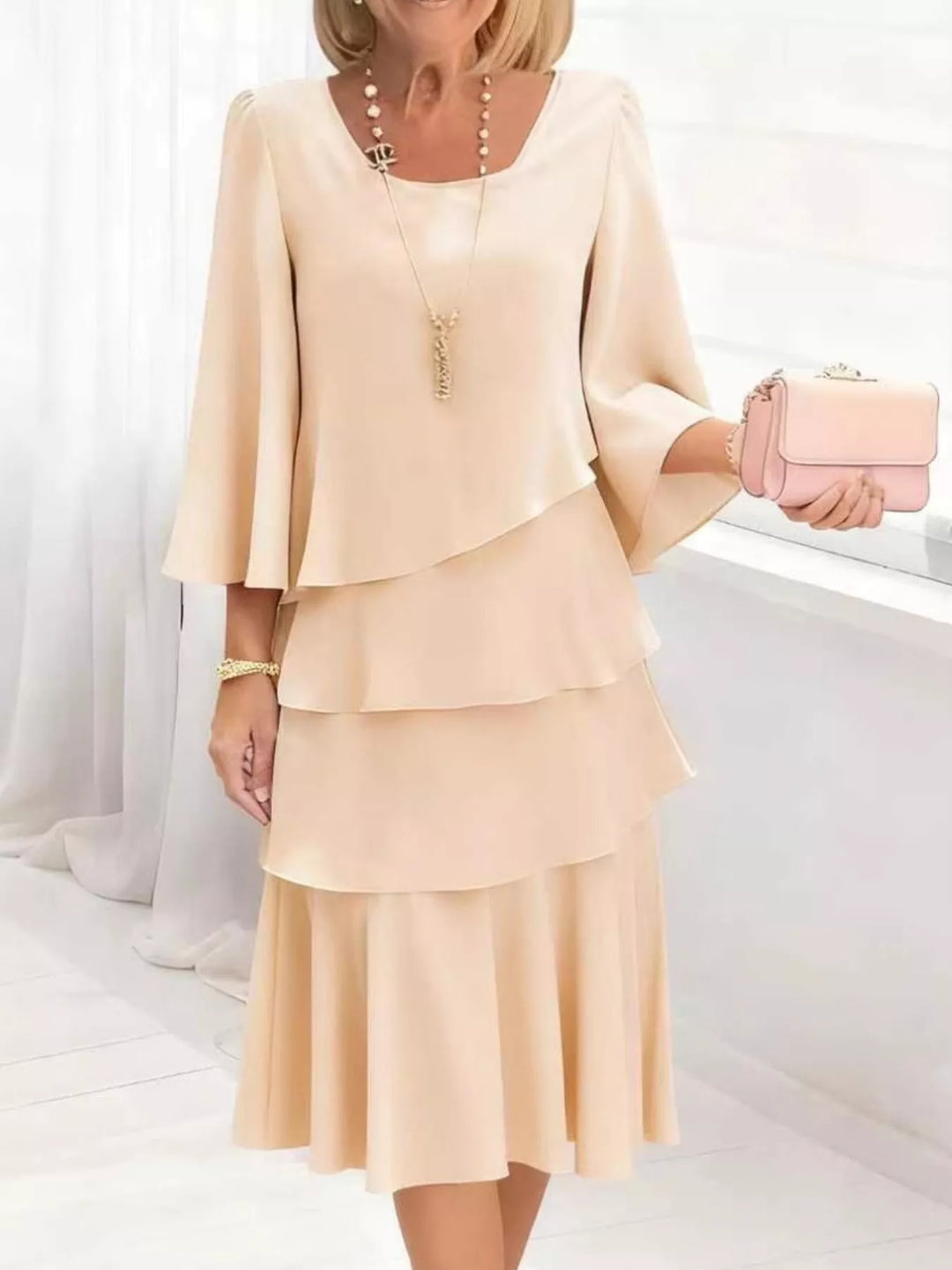 Tiered ruffle layered bell sleeve plus size in tan, front view