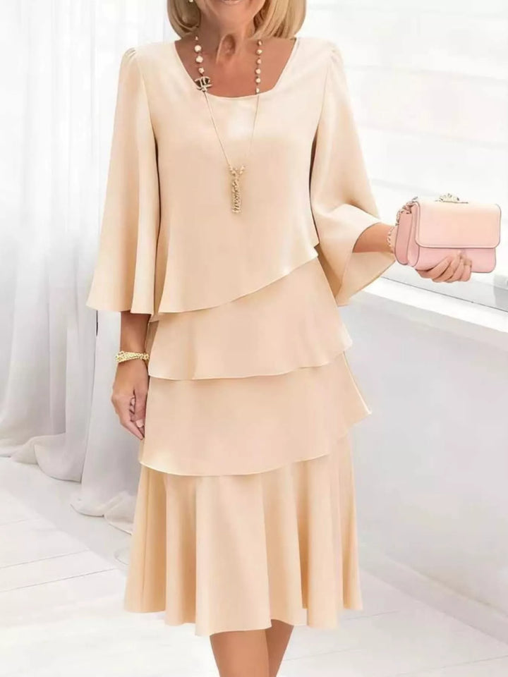 Tiered ruffle layered bell sleeve plus size in tan, front view