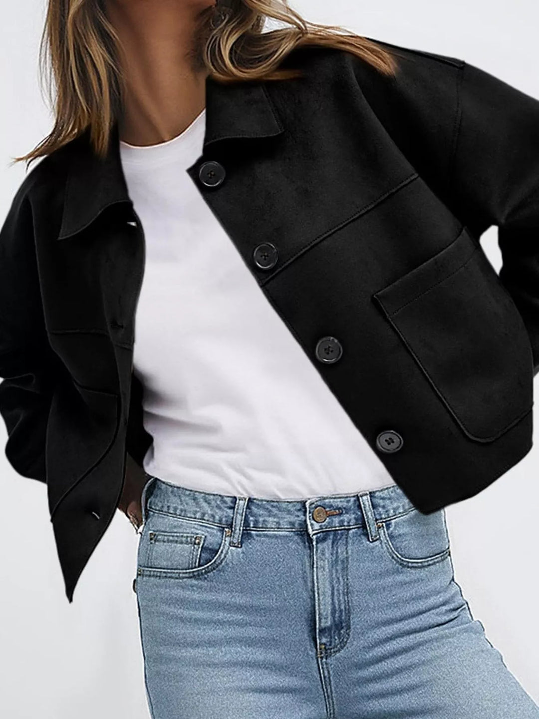 Black cropped fall jacket with button front and chest pockets