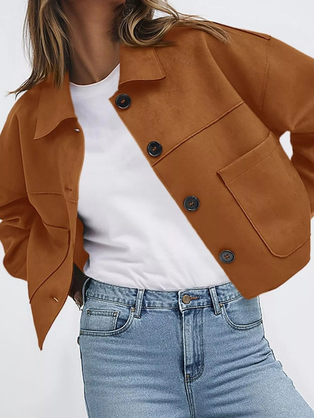 Women's fall jacket in caramel, cropped with button front and chest pockets