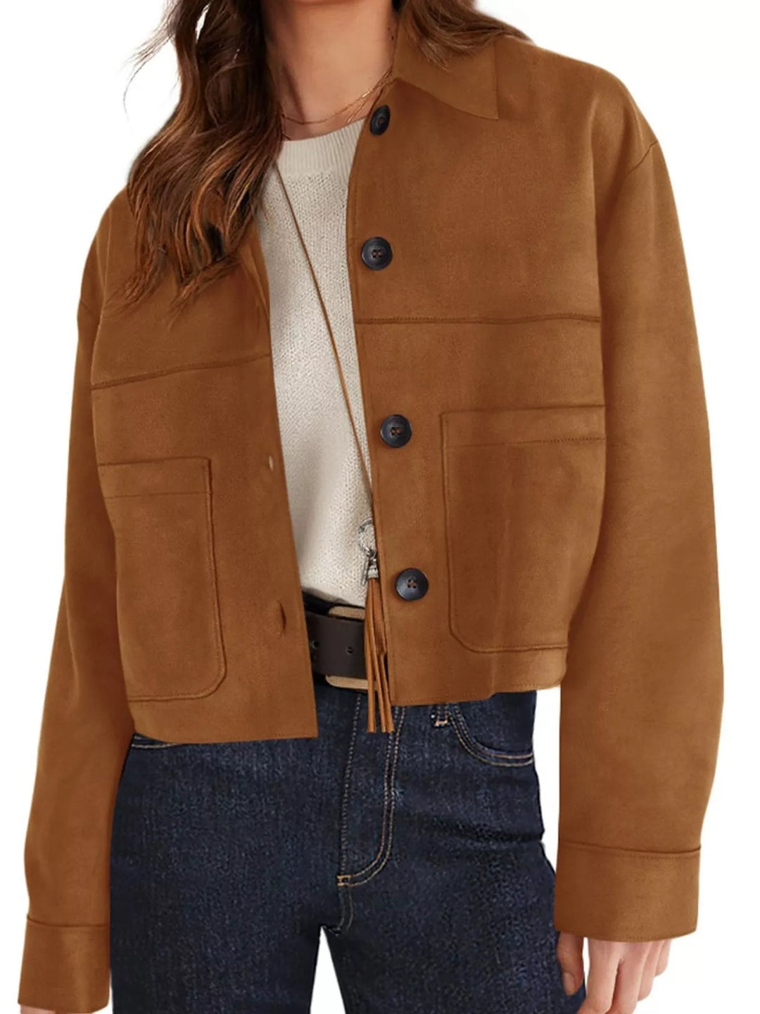 Caramel button front jacket in a relaxed angled pose
