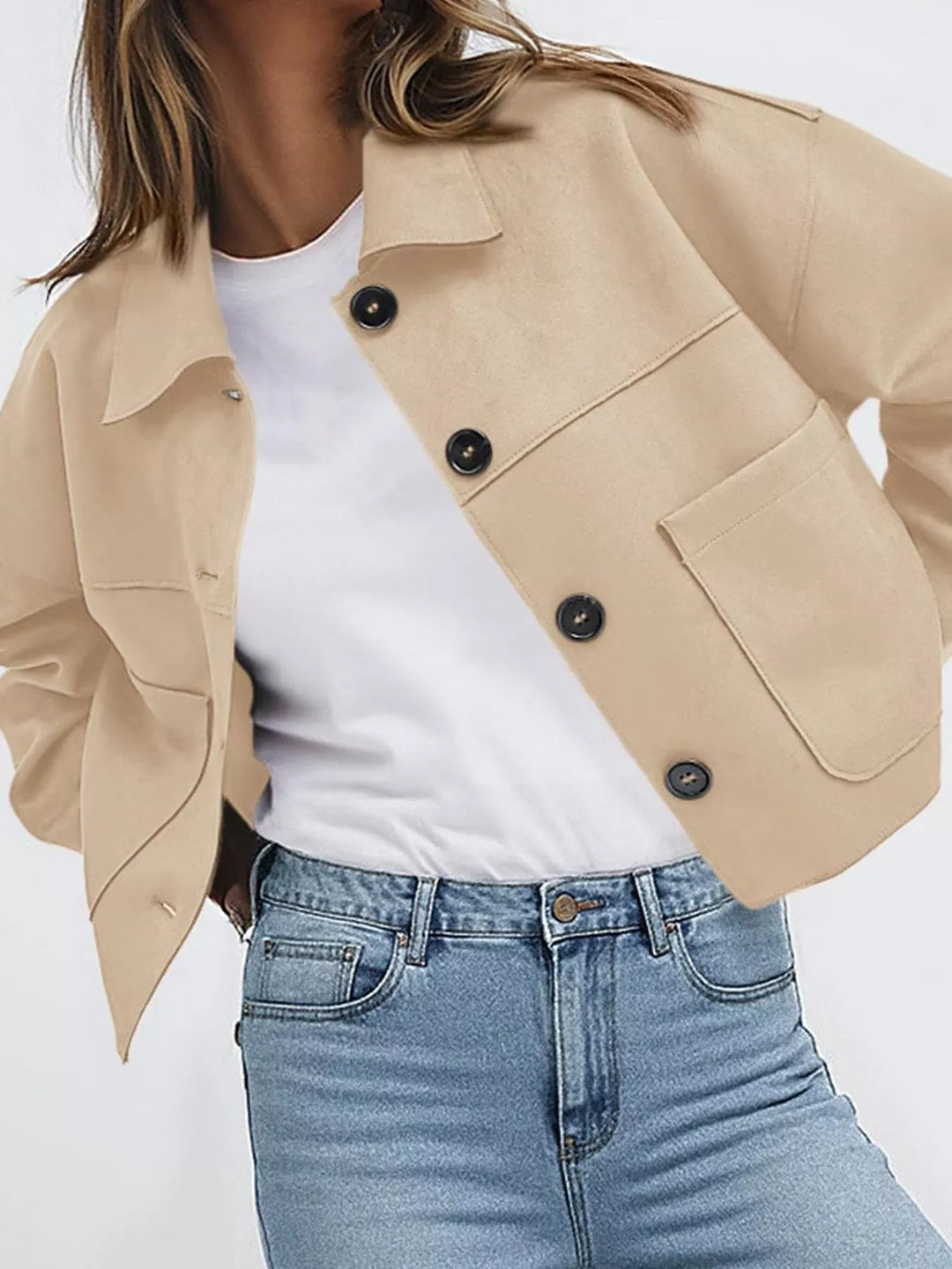 Sand button front jacket over a white tee with chest pockets