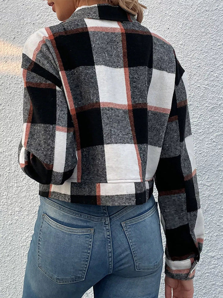 Cropped plaid shirt collar button front in black, back view