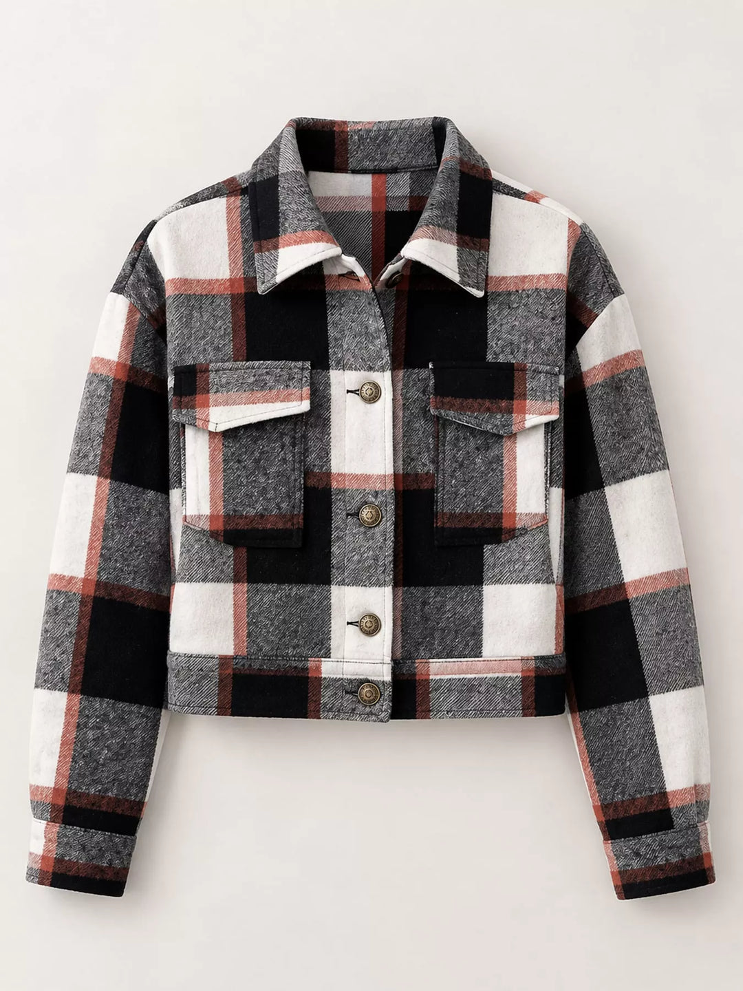 Cropped plaid shirt collar button front in black, flat lay