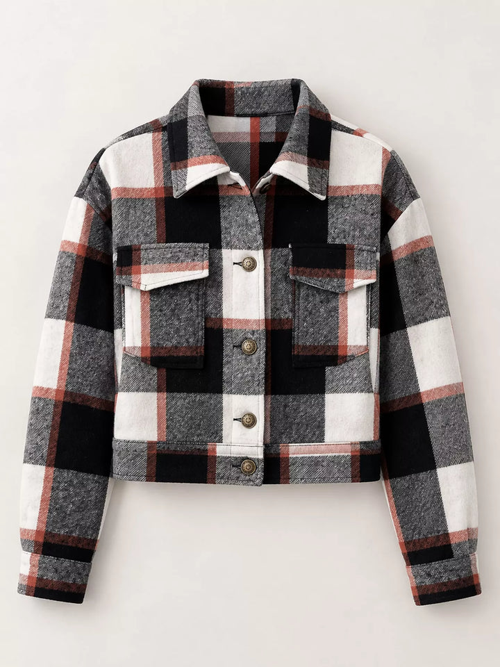 Cropped plaid shirt collar button front in black, flat lay