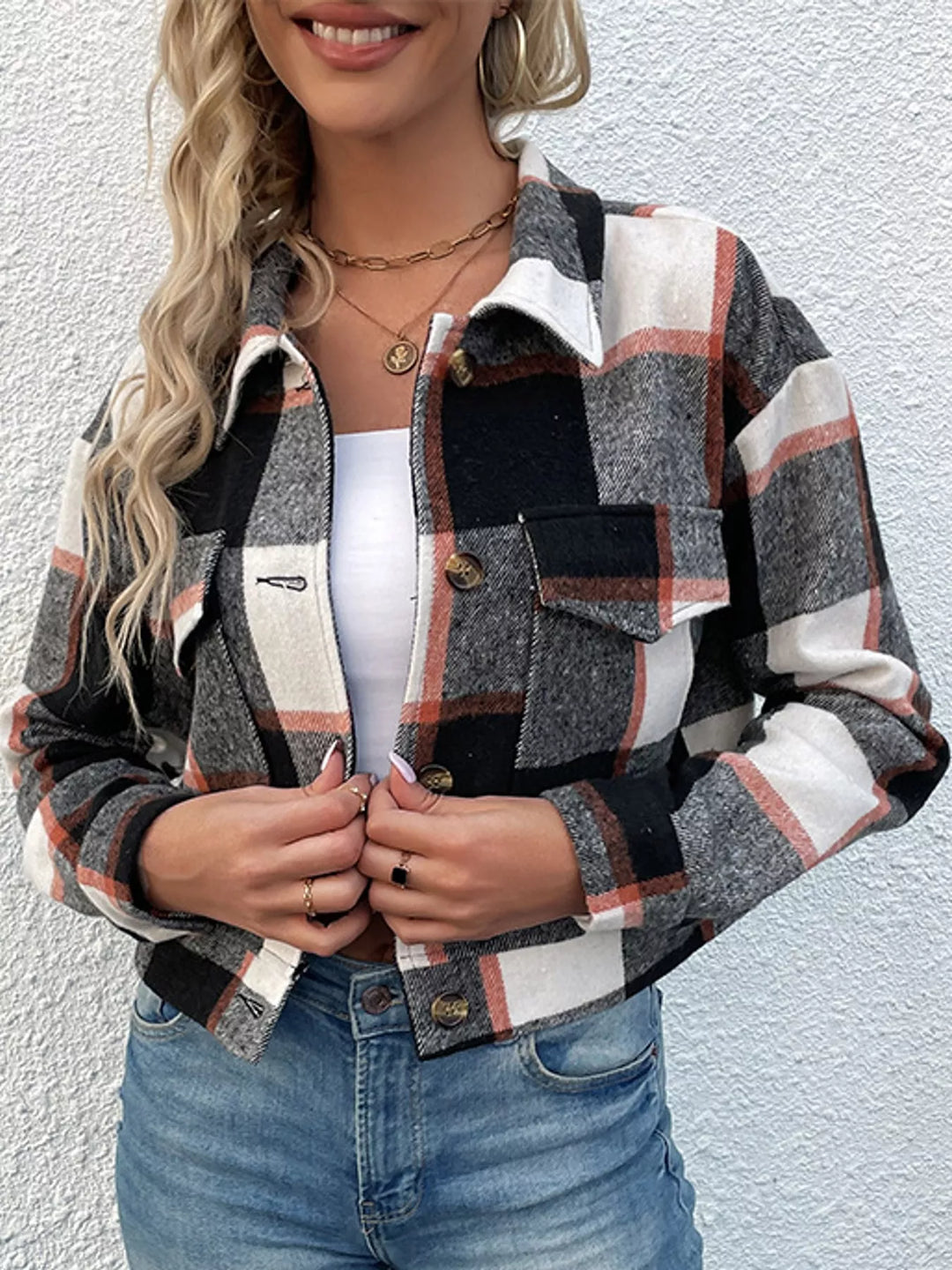 Cropped plaid shirt collar button front in black, front view 2