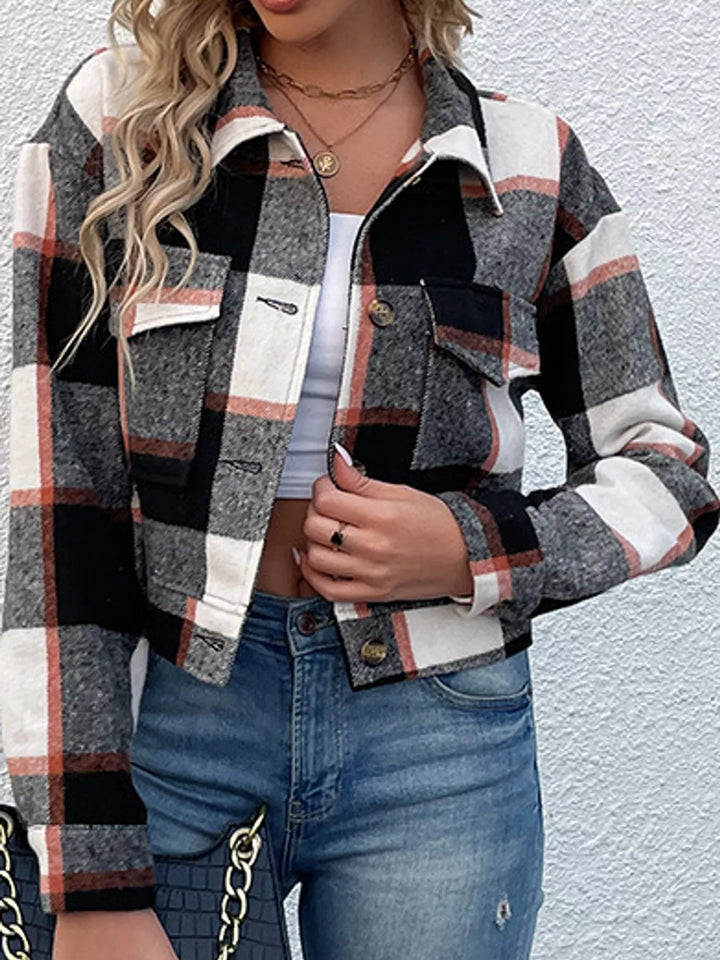 Cropped plaid shirt collar button front in black, front view