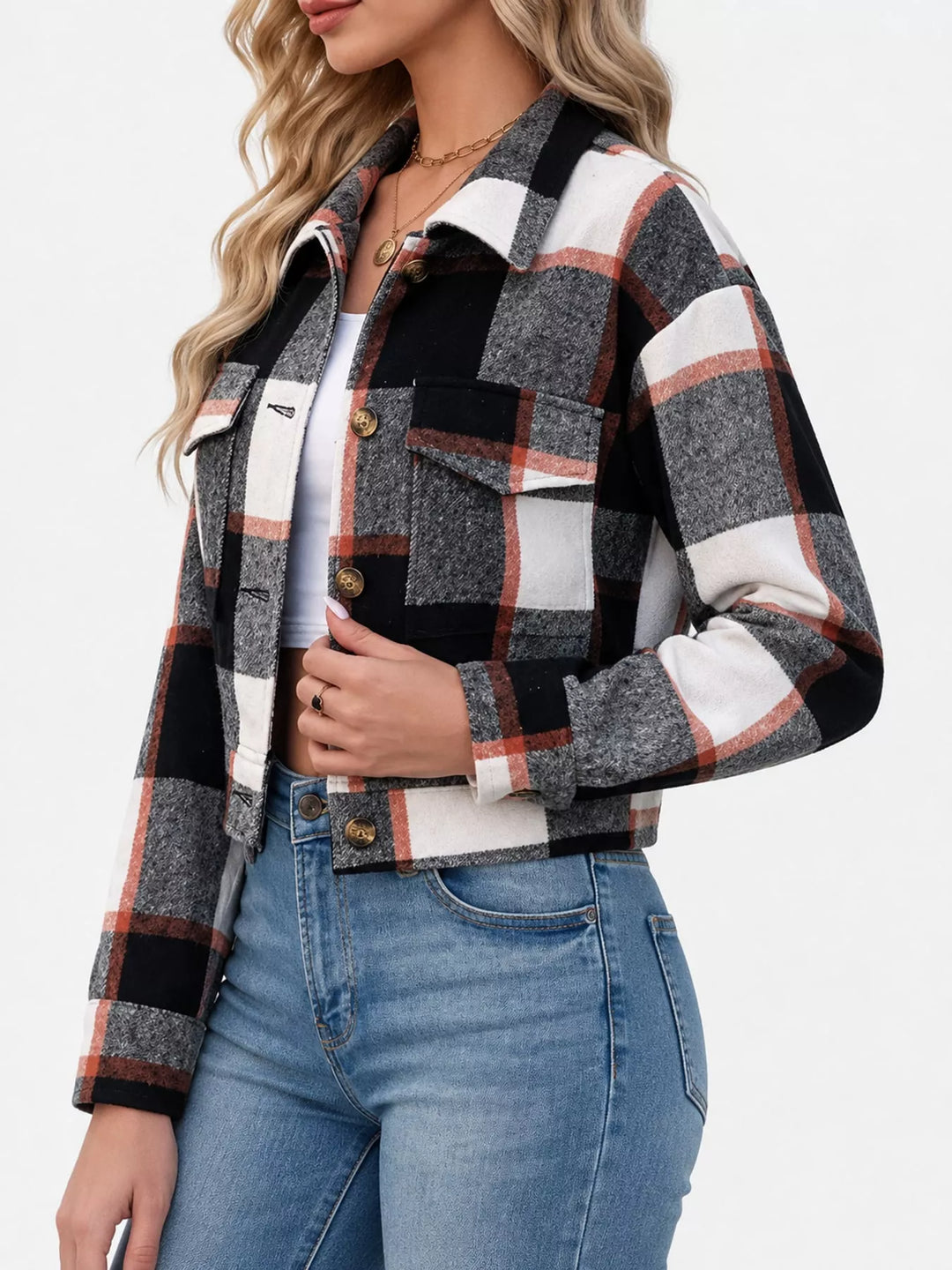Cropped plaid shirt collar button front in black, styled on model