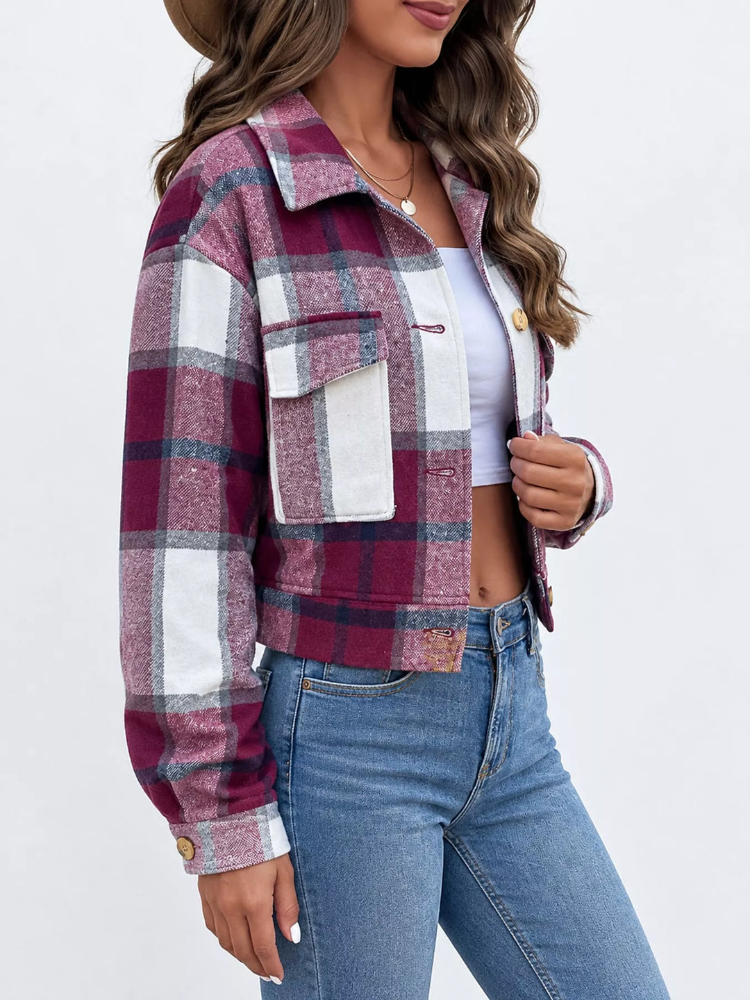 Cropped plaid shirt collar button front in burgundy, styled on model 3