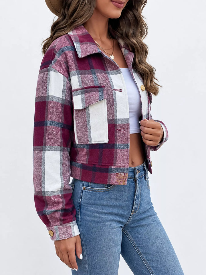 Cropped plaid shirt collar button front in burgundy, styled on model 3