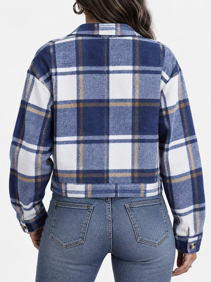 Cropped plaid shirt collar button front in dusty blue, back view