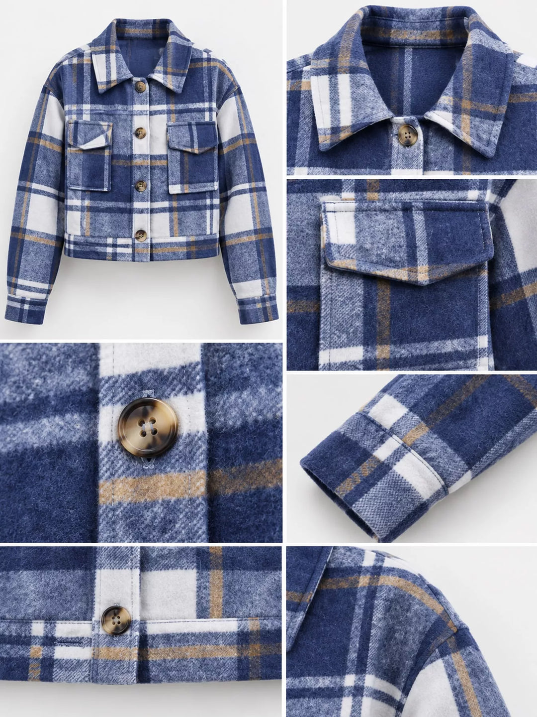 Cropped plaid shirt collar button front in dusty blue, close-up detail