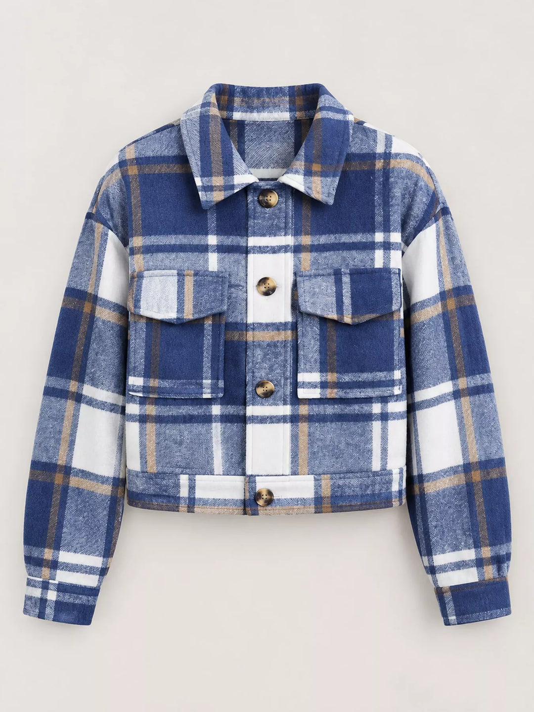 Cropped plaid shirt collar button front in dusty blue, flat lay