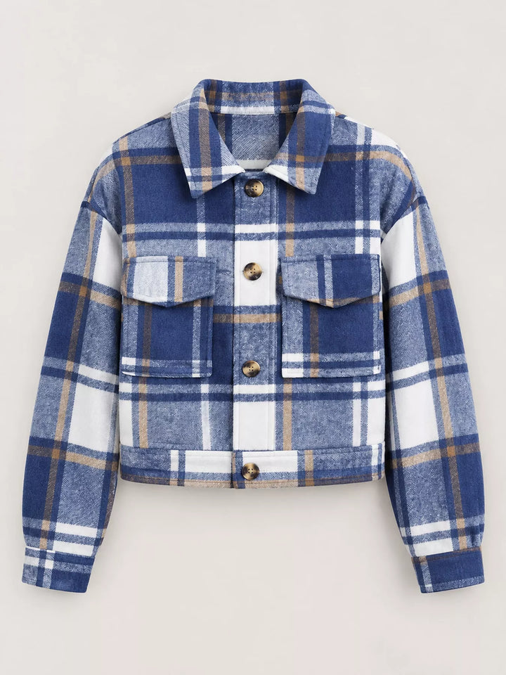 Cropped plaid shirt collar button front in dusty blue, flat lay