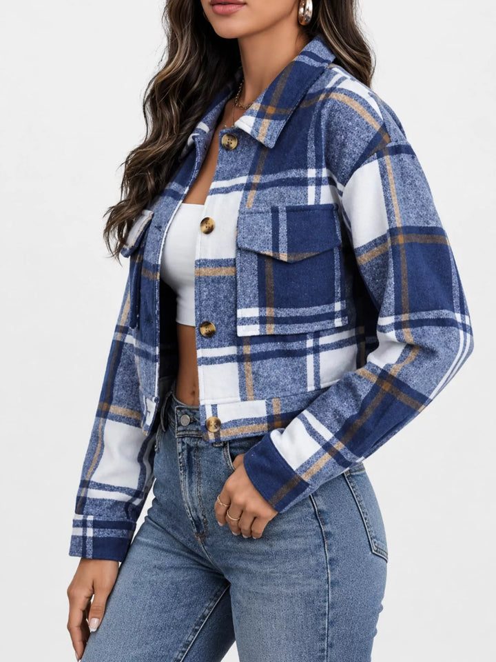 Cropped plaid shirt collar button front in dusty blue, styled on model