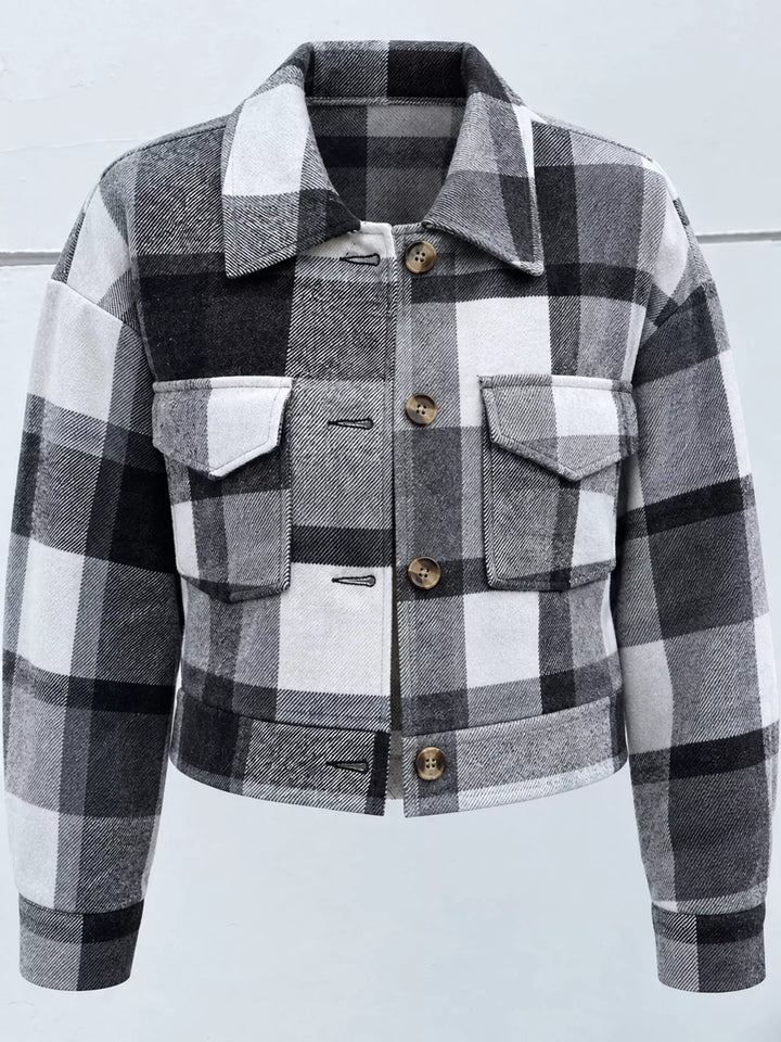 Cropped plaid shirt collar button front in gray, flat lay 2