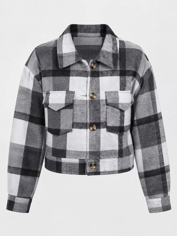 Cropped plaid shirt collar button front in gray, flat lay