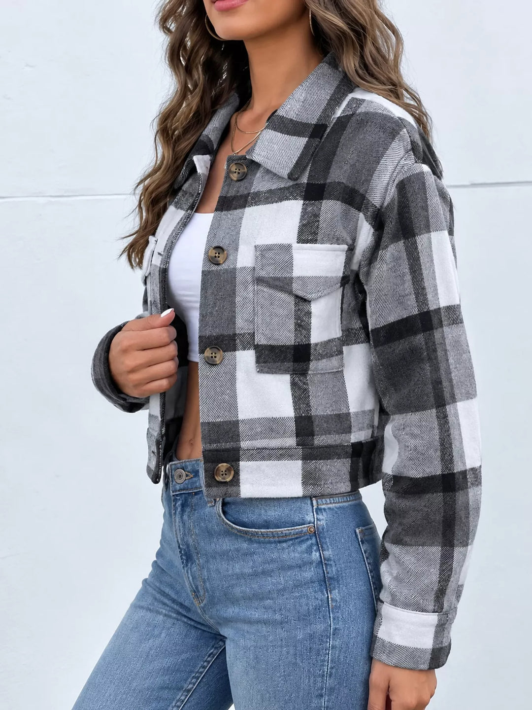 Cropped plaid shirt collar button front in gray, styled on model