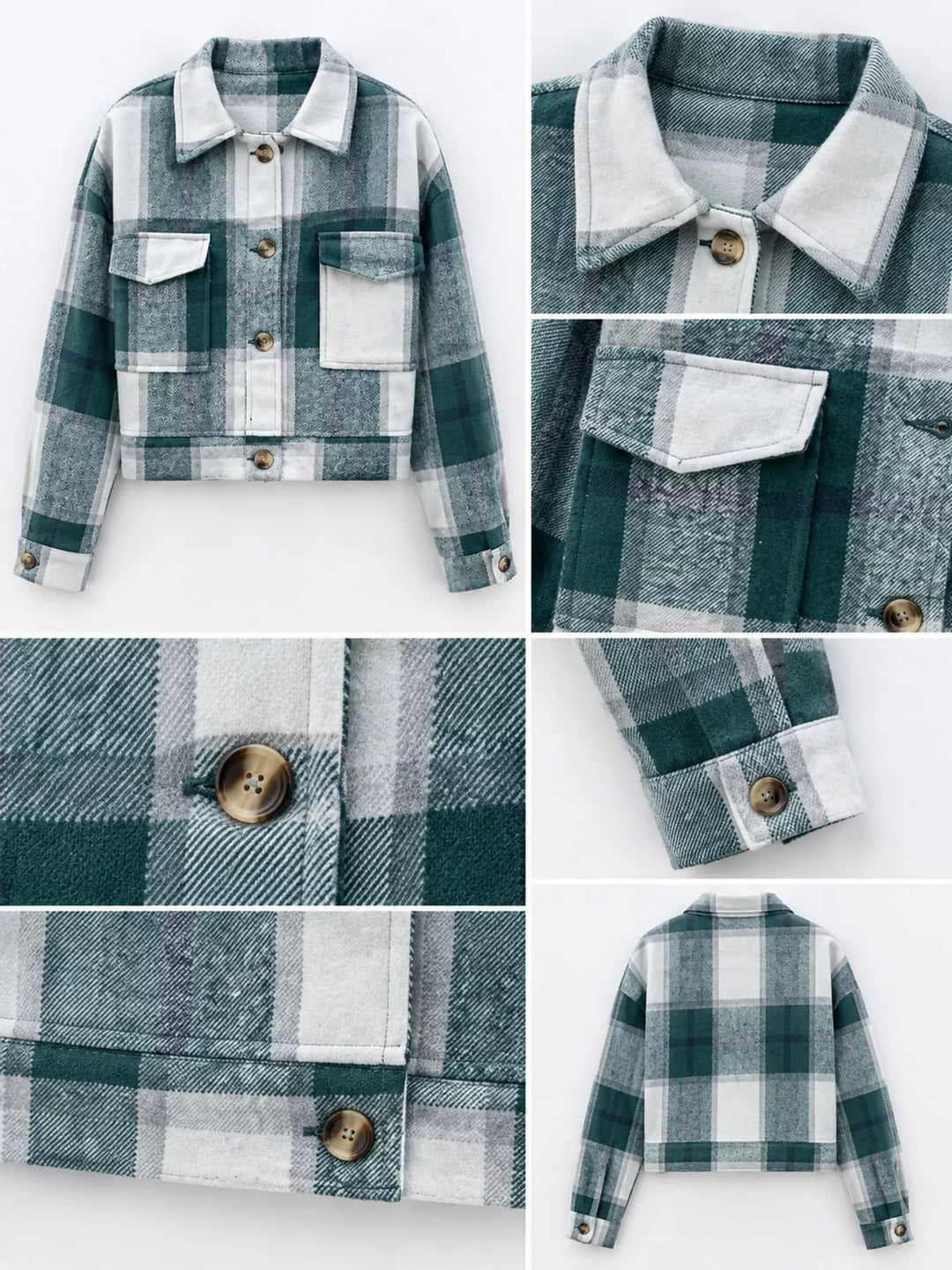 Cropped plaid shirt collar button front in green, close-up detail