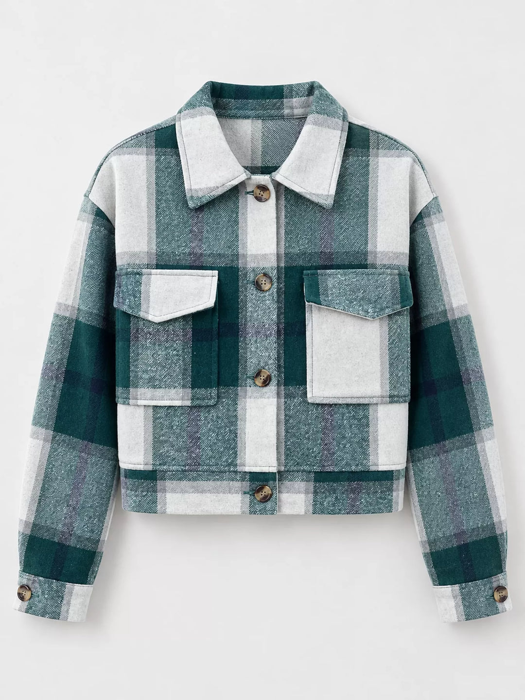 Cropped plaid shirt collar button front in green, flat lay