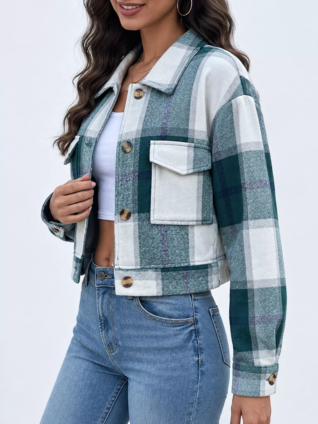 Cropped plaid shirt collar button front in green, styled on model 2