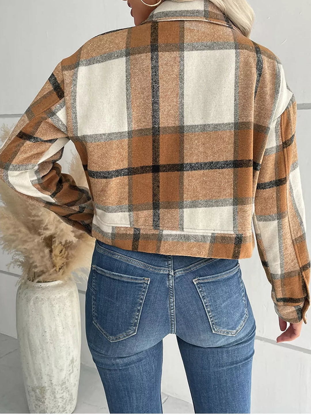 Cropped plaid shirt collar button front in khaki, back view