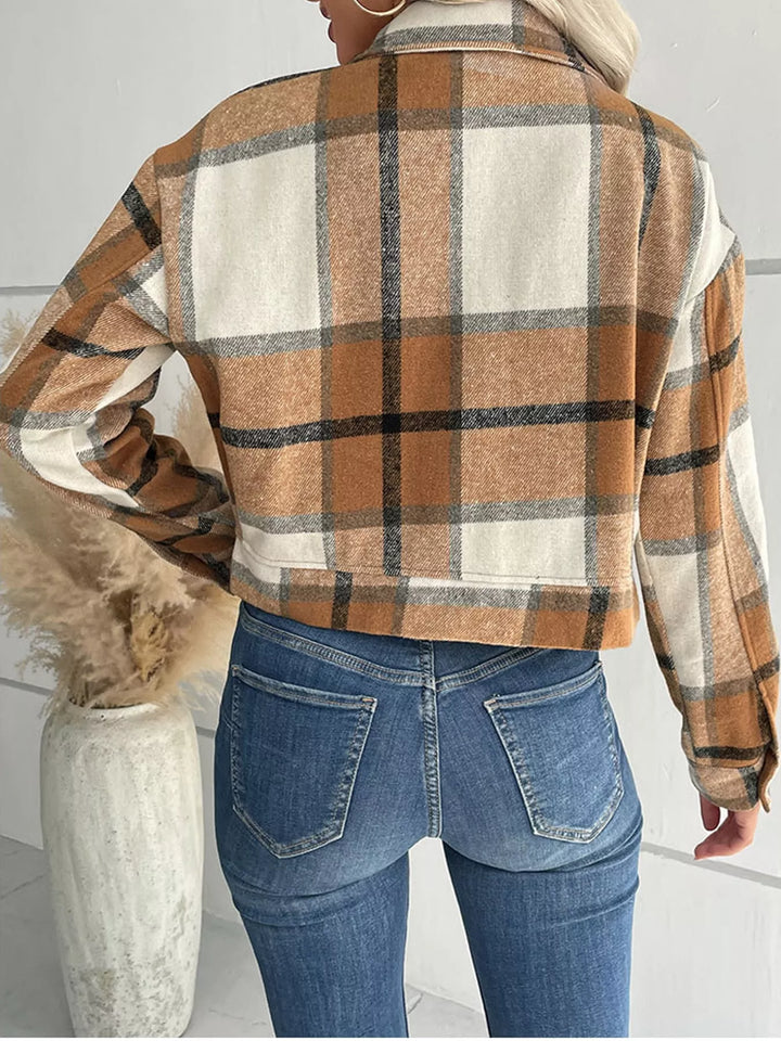 Cropped plaid shirt collar button front in khaki, back view