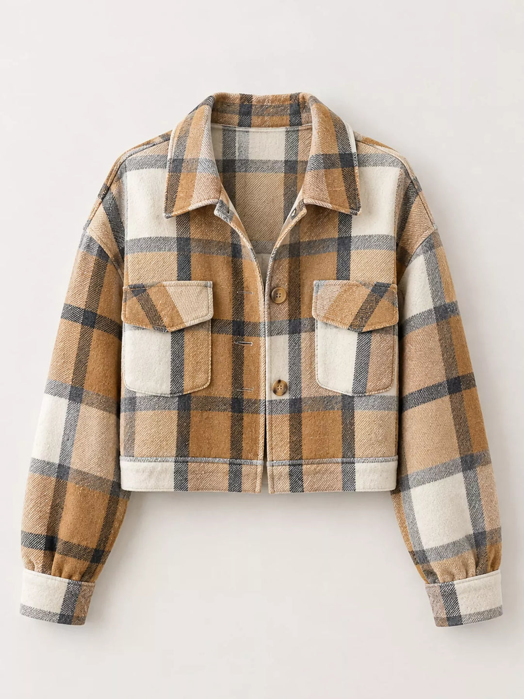 Cropped plaid shirt collar button front in khaki, flat lay