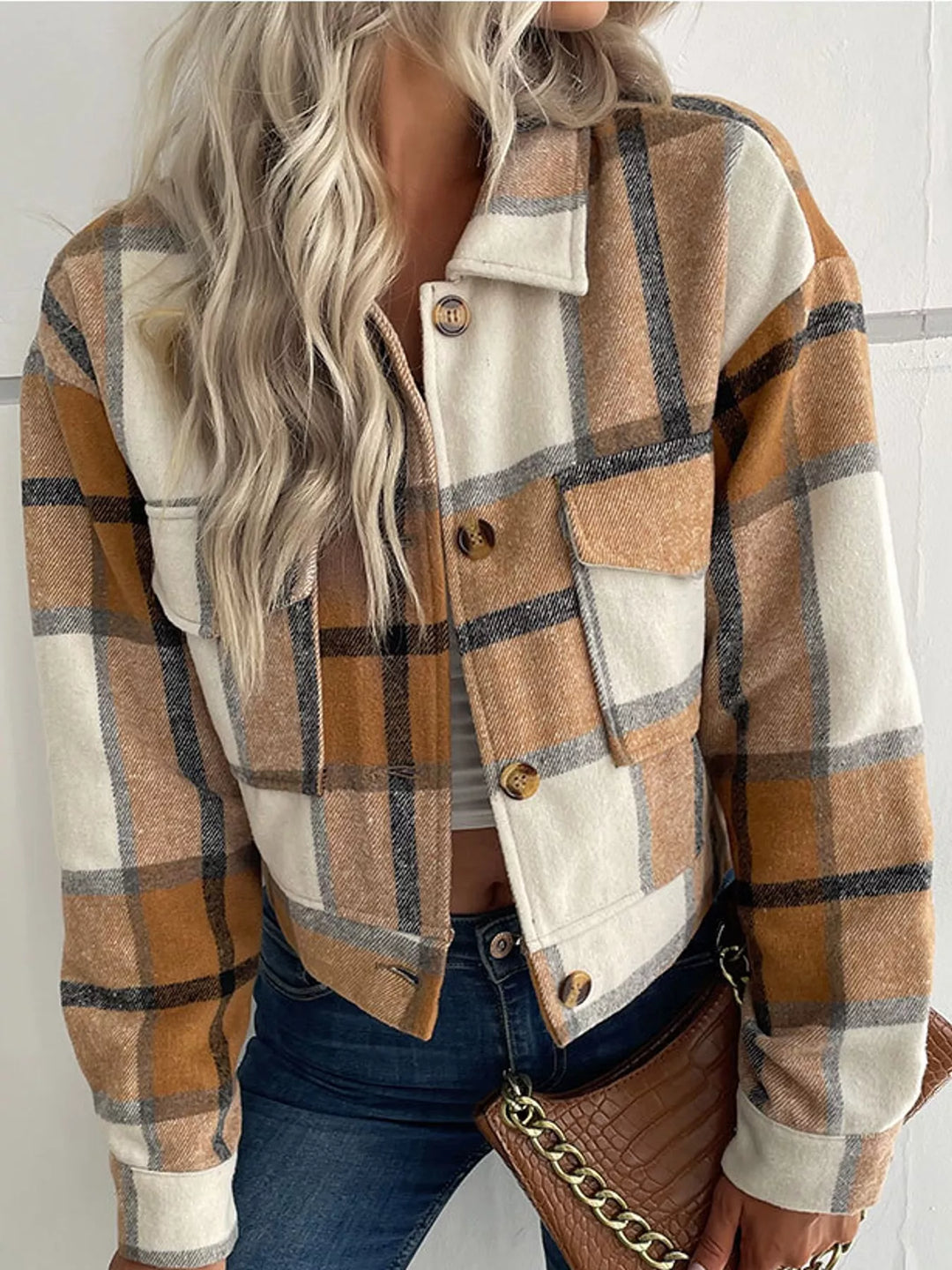 Cropped plaid shirt collar button front in khaki, front view 2