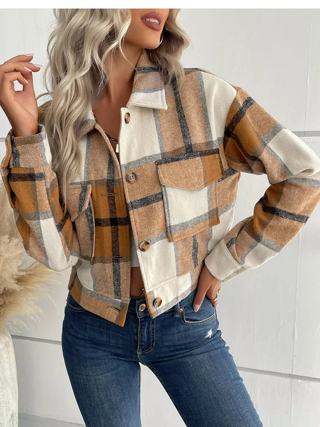 Cropped plaid shirt collar button front in khaki, styled on model 3