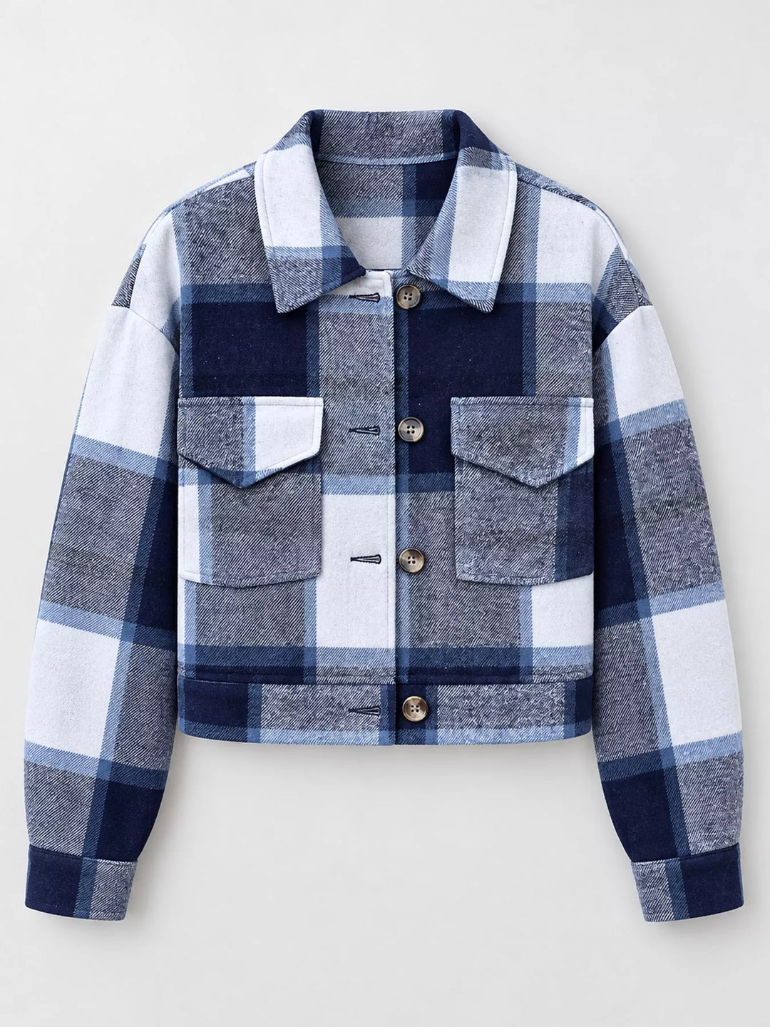 Cropped plaid shirt collar button front in navy, flat lay