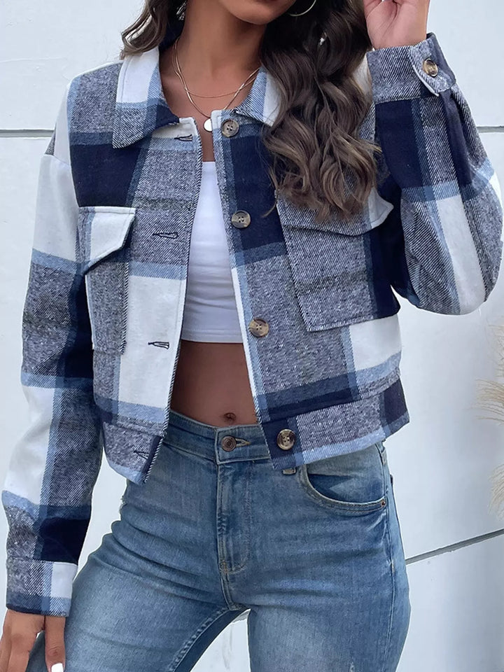 Cropped plaid shirt collar button front in navy, front view 2