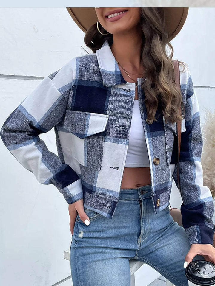 Cropped plaid shirt collar button front in navy, styled on model 2