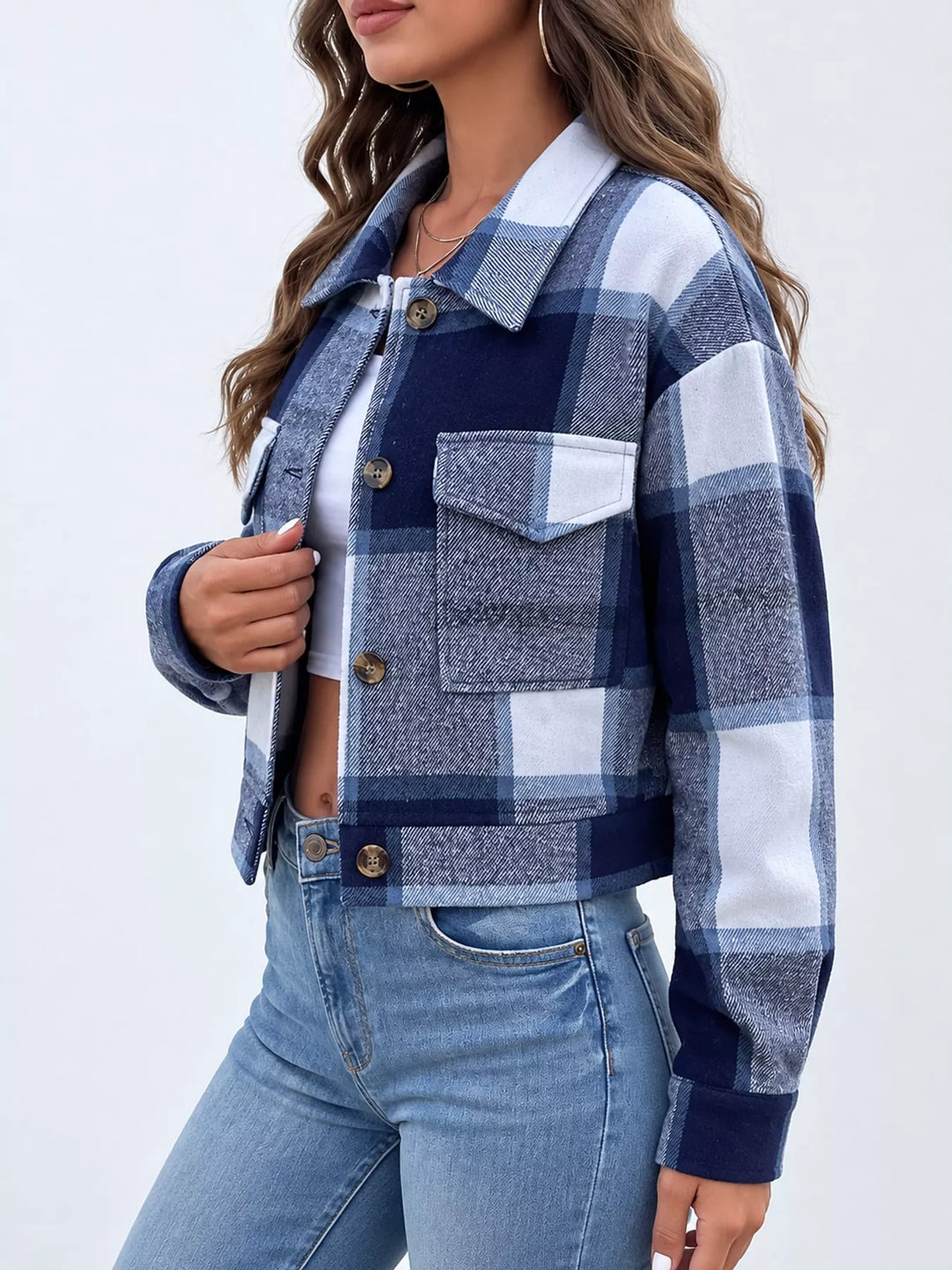 Cropped plaid shirt collar button front in navy, styled on model 3