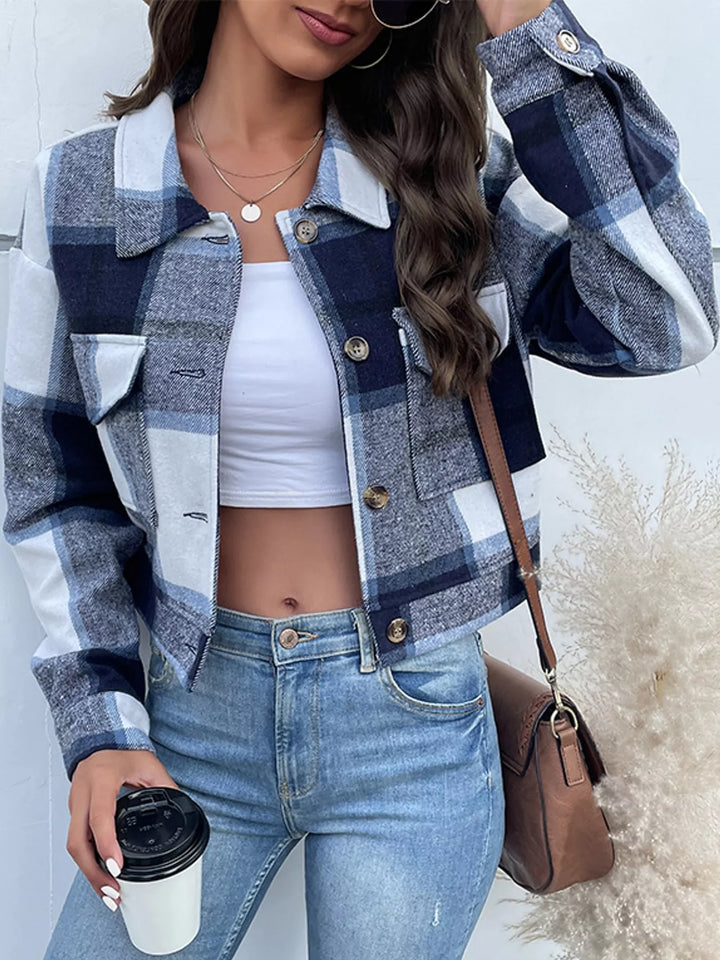 Cropped plaid shirt collar button front in navy, styled on model