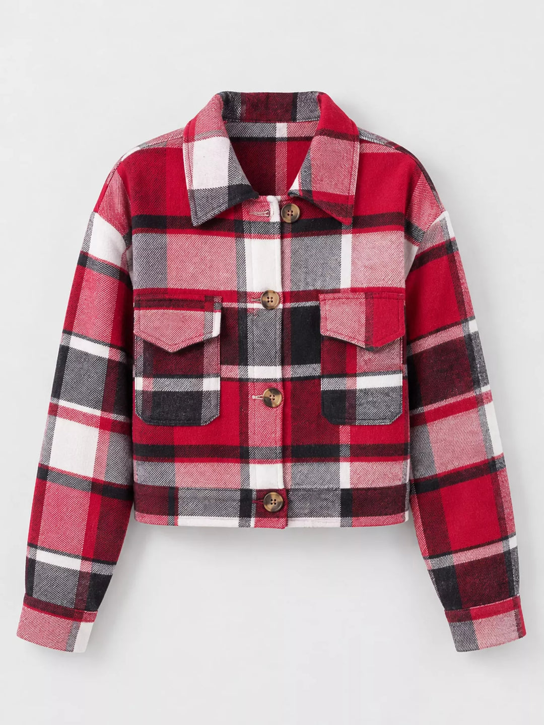 Cropped plaid shirt collar button front in red, flat lay
