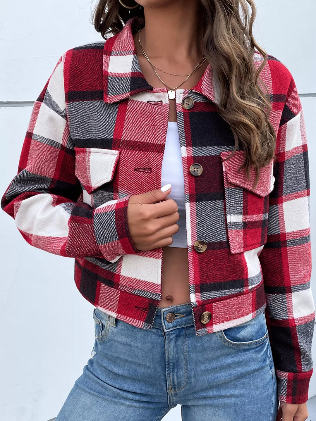 Cropped plaid shirt collar button front in red, front view 2