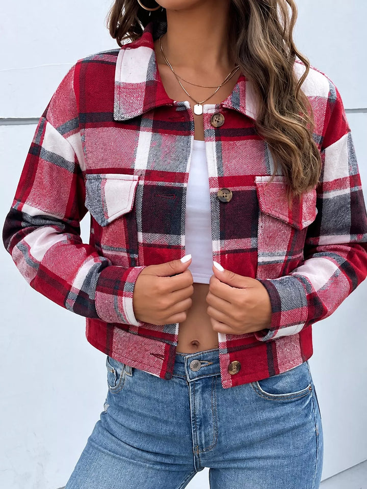 Cropped plaid shirt collar button front in red, front view